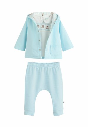 Helles blaues drei-teiliges Outfit beinhaltet eine Kapuzenjacke mit Druckknöpfen, ein weißes Hemd mit Tierstickerei und gestreifte Hosen.