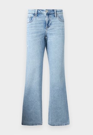 Lys blå slengbukser laget av denim, med glidelås og knappelukking, standard fem-lommers design og subtile slitasjedetaljer.
