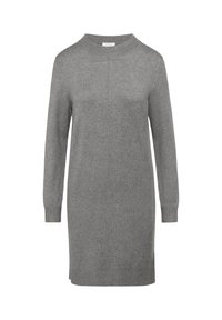 Robe-pull en tricot gris avec un col rond, des manches longues et des poignets côtelés. Présente une silhouette simple et droite ainsi qu'une texture douce.