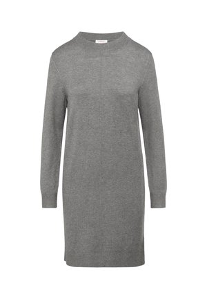 Graues, gestricktes Sweatshirtkleid mit Rundhalsausschnitt, langen Ärmeln und gerippten Bündchen. Hat eine einfache, gerade Silhouette und eine weiche Textur.