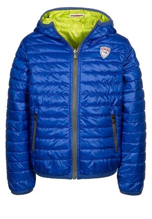 Modrá péřová bunda s horizontálním prošíváním, šedými zipy a zelenou podšívkou. Obsahuje kapuci a boční kapsy. Náprsní nášivka.