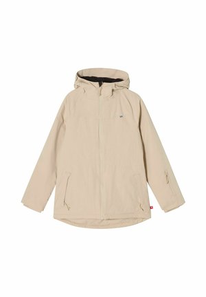 Beige hættetrøjejakke med forreste lynlås og to lynlåslommer i siden, vist mod en hvid baggrund.