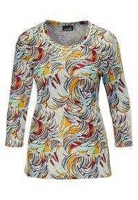 Multicolore lange mouw shirt met een draaimotief in teal, geel en burgundy op een lichte achtergrond; zachte stoftextuur.