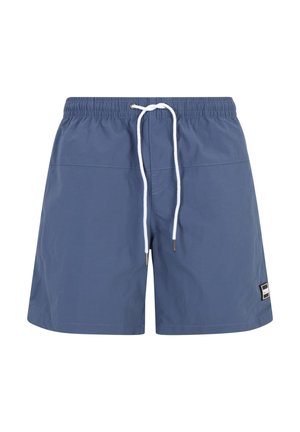 Blaue Badehose aus leichtem Material, mit einem elastischen Bund und Kordelzug sowie einem kleinen Logopatch an der Seite.