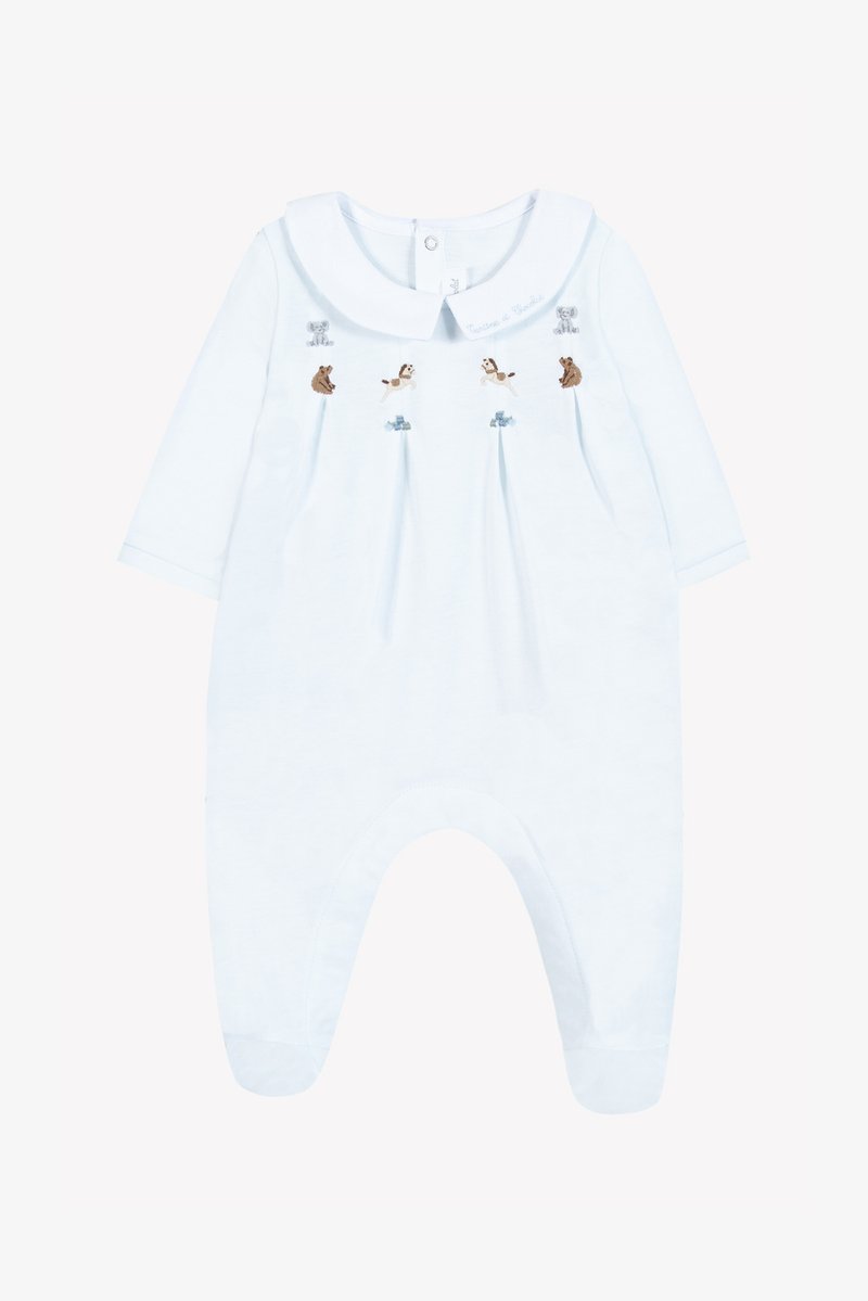 Gaiši zils mazuļu romperis ar apkakli, ar izšūtiem dzīvnieku motīviem un pogu aizdari pie kakla. Izgatavots no mīkstas auduma.