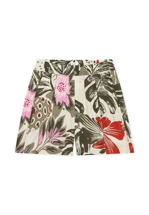 Shorts mit Blumenmuster in Pink, Rot und Dunkelgrün auf hellem Beigeton. Elastischer Bund.