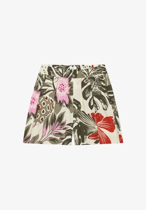 Floral patterned shorts with pink, red, and dark green leaves and flowers on a light beige background. Elastic waistband.