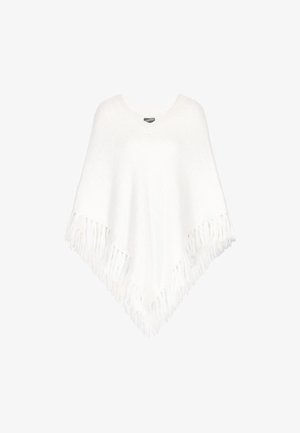 Biały ponczo wykonane z miękkiej, teksturowanej tkaniny, z dekoltem w kształcie V i frędzlami na końcach, o luźnym kroju i płynnej formie.