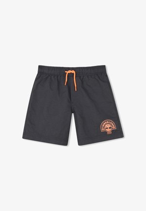 Shorts à taille élastique noire avec cordon orange et logo Timberland imprimé en orange sur la partie inférieure gauche de la jambe.