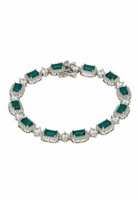 Silver bracelet featuring alternating rectangular emerald and round clear cubic zirconia gems, secured with a clasp.