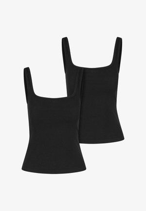 Sorte ribbede tank topper med firkantet utringning og brede skulderremmer. To deler vist, med en tettsittende fasong og glatt tekstur.