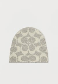 Beanie in maglia grigia e crema con un motivo circolare texturizzato, parte superiore arrotondata e tessuto morbido. Nessun marchio o decorazione visibile.