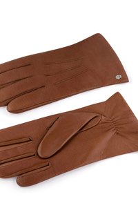 Braune Lederhandschuhe mit fünf Fingern, weicher Textur, subtiler Stickerei und einer gerafften Details am Handgelenk. Mit einem kleinen Emblem akzentuiert.