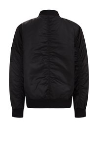 Black bomber jacket with ribbed collar, cuffs, and hem, showing the back side with sleeve pocket detail on a white background.
