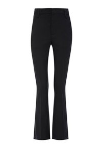 Czarne spodnie w stylu dzwonów, wykonane z gładkiego materiału, z talią w średnim stanie, szlufkami na pasek oraz dwiema przednimi kieszeniami. Projekt ma dopasowany krój z czystymi liniami.