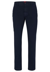Navy blue chinos made of cotton with a straight cut. Features a button closure and two side pockets. Smooth texture and modern fit.