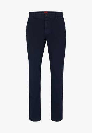 Marineblaue Chinos aus Baumwolle mit geradem Schnitt. Mit Knopfverschluss und zwei Seitentaschen. Glatte Textur und moderner Schnitt.