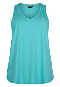 Aqua blauwe mouwloze sporttanktop met een V-hals, gemaakt van lichtgewicht, gladde stof. Bevat een klein logo aan de bovenkant van de linkerkant.