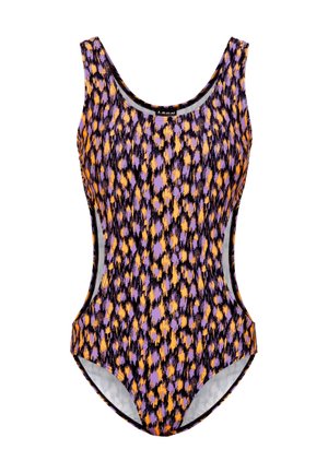 Yhdistelevä uimapuku, jossa on monivärinen kuvio oranssia, violettia ja mustaa, leikatuilla sivuilla ja sileällä pinnalla.