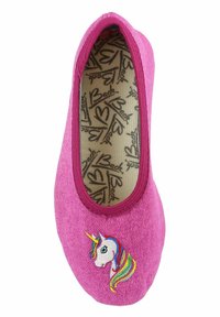 Rosa Stoff-Ballettschuhe mit einer lebendigen Einhorn-Stickerei auf der Zehenpartie. Die Innensohle ist mit einem gemusterten Design und dem Markennamen versehen.