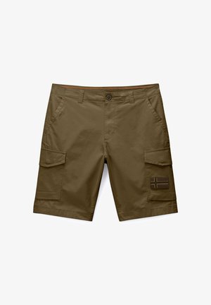 Bruine cargoshorts met knoopsluiting, zijflappenzakken, schuine voorzakken en een patch met een vlagontwerp op de rechterzijzak.