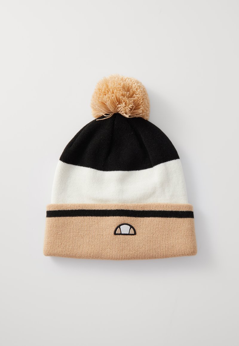 Gorro de punto en negro, blanco y beige con un pompón marrón en la parte superior y un pequeño logo bordado en el puño. Textura suave, ajuste ceñido.