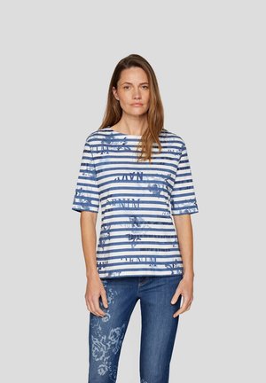 Gestreiftes Kurzarmoberteil in Blau und Weiß mit floralen Akzenten, gefertigt aus einem leichten Stoff mit einem Bootsausschnitt und lockerer Passform.