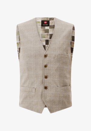 Hellbeige Weste aus strukturiertem Stoff, mit einem Karomuster, fünf Knöpfen, zwei vorderen Taschen und einem gemusterten Innenfutter.