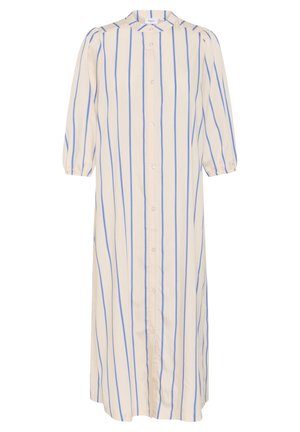 Lang, knap-op kjole i creme med blå lodrette striber; har en krave og puffede ærmer. Letvægtsstof med en glat tekstur.