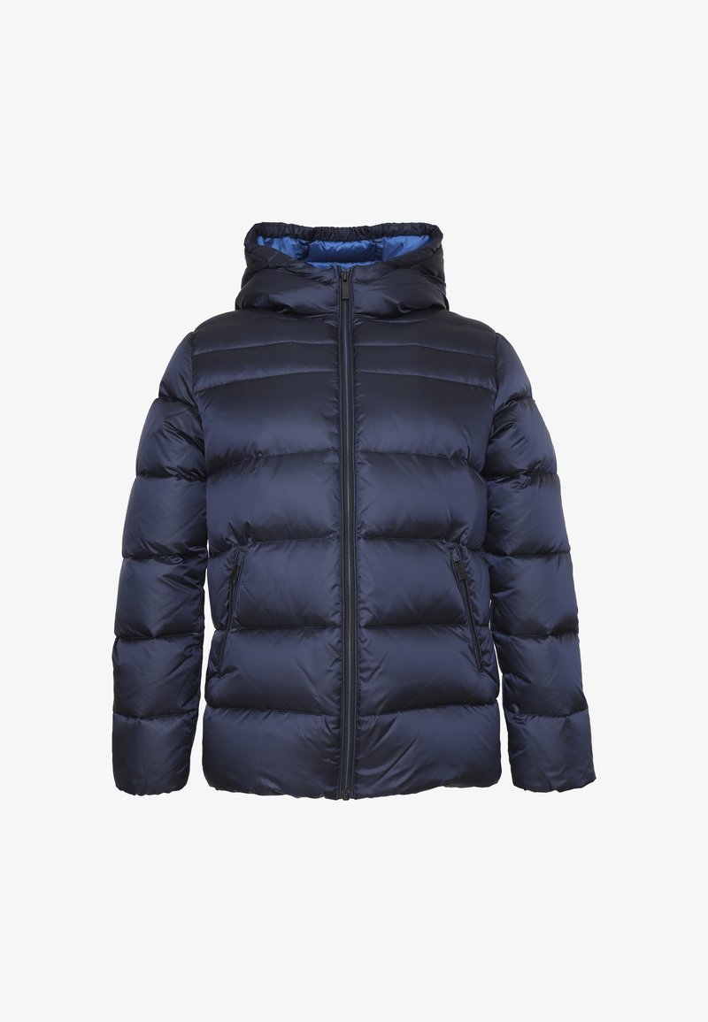 Giacca trapuntata blu navy con zip anteriore, due tasche laterali con zip e cappuccio attaccato con foderatura blu brillante.