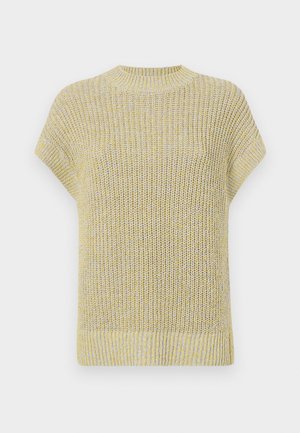 Stickad kortärmad topp i ljusgul med subtila gråa fläckar. Har en ribbad rund halsringning och textil med lös passform.