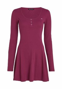 Langärmliges Kleid aus dunkelviolettem Rippstoff, mit rundem Ausschnitt, Knopfdetail und ausgestelltem Rock.