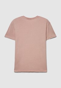 Rosa Baumwoll-T-Shirt mit kurzen Ärmeln und rundem Ausschnitt, glatter Struktur und schlichtem Design. Rückansicht zeigt keine Grafiken oder Verzierungen.