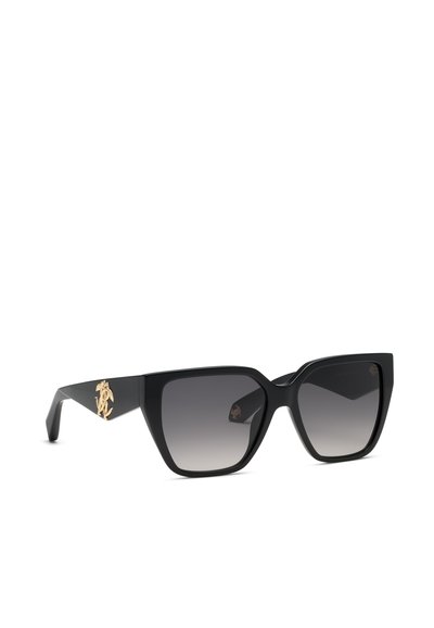 Lunettes de soleil carrées noires oversize avec verres dégradés foncés et logos décoratifs dorés sur les branches.