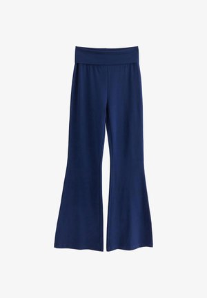 Navy blue wide-leg pants made of soft fabric, featuring a smooth waistband and a flowy design with a slight sheen.