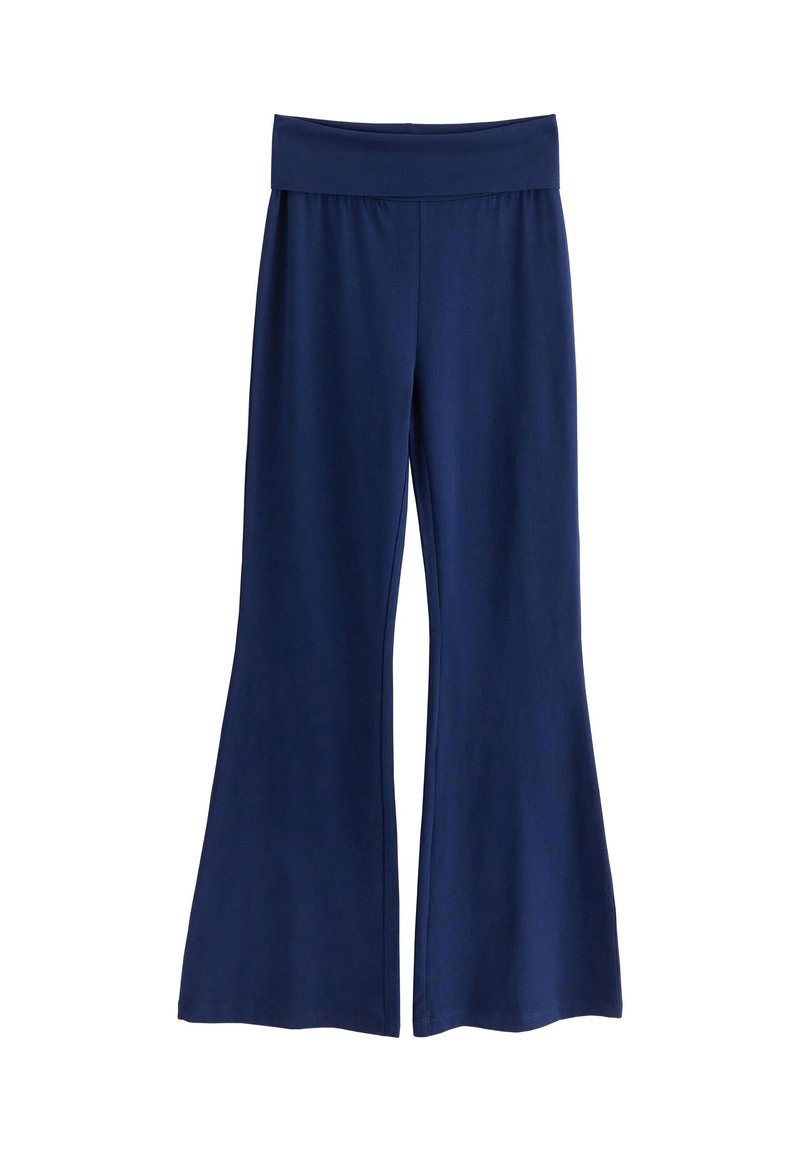 Marineblaue weit geschnittene Hose aus weichem Stoff, mit einem glatten Bund und einem fließenden Design mit leichtem Glanz.