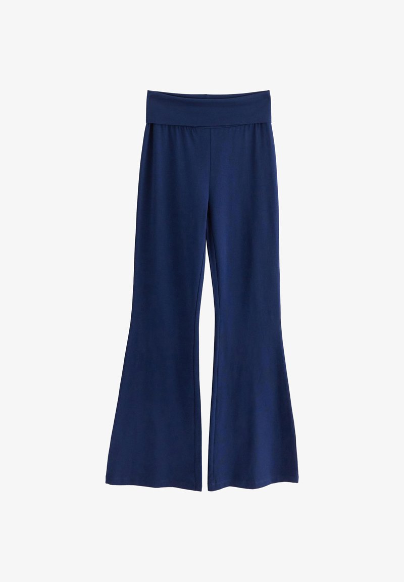 Marineblaue weit geschnittene Hose aus weichem Stoff, mit einem glatten Bund und einem fließenden Design mit leichtem Glanz.