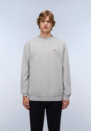 Gray crewneck sweatshirt with long sleeves, featuring ribbed cuffs and hem, adorned with a small red and white logo on the chest.