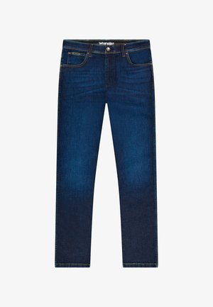 Calças de ganga azul-escuro com um design de perna reta, cinco bolsos, costura em contraste e fecho de botão na cintura.