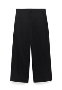 Svarta vida byxor med hög midja, med en slät yta, två bakfickor och en ren, minimalistisk design.