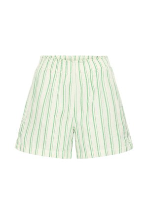 Pantaloncini bianchi con strisce verticali verde chiaro e una cintura elastica, mostrati su uno sfondo bianco semplice.