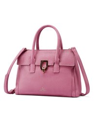 Borsa a tracolla in pelle rosa con finitura texturizzata, doppio manico superiore, tracolla removibile, chiusura a pattina e un accento in metallo.