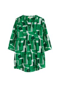 Groene tuniek met abstract geometrisch patroon in donkergroen en wit. Bevat een V-hals, 3/4 mouwen en een gathered taille. Lichtgewicht stof.