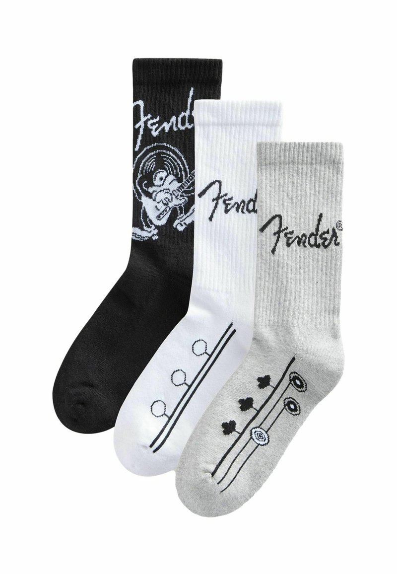 Tri par socksa: crne s grafikom, bijele s glazbenim notama i sive s crnim detaljima. Rebrasta tekstura i detalji s logom.
