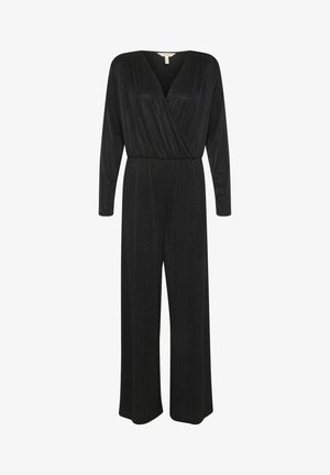 Svart jumpsuit tillverkad av ett texturerat, skimrande material, med en omslag fram, långa ärmar, vida ben och en åtsittande midja.