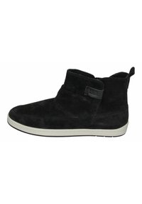 Black suede ankle boot with a rounded toe, white sole, and a side strap featuring a logo. Smooth texture with a mid-height design.
