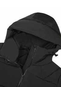 Schwarze Pufferjacke mit Kapuze, ausgestattet mit einem Frontreißverschluss, gestepptem Muster und verstellbaren Kordeln. Weiche, matte Textur.
