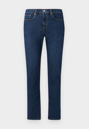 Jeans de denim azul-escuro com um design de perna reta, apresentando um estilo clássico de cinco bolsos e um fecho de botão na cintura.