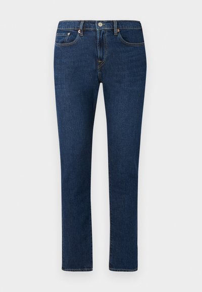 Jeans in denim blu scuro con design a gamba dritta, dotati di un classico stile a cinque tasche e chiusura a bottone in vita.