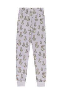 Light purple pajama pants featuring a repeat pattern of cartoon rabbits with varying expressions, fitted cuffs, and an elastic waistband.
